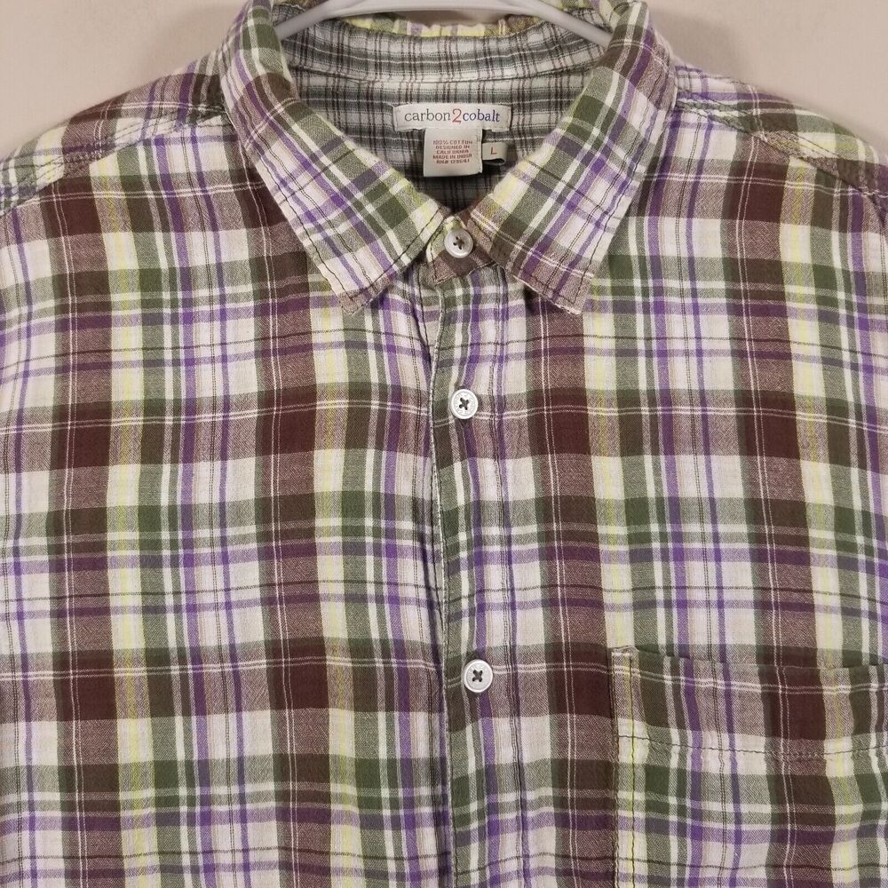 Carbon 2 Cobalt Shirt Mens Large Cotton Flannel Plaid Green Purple Long Sleeve